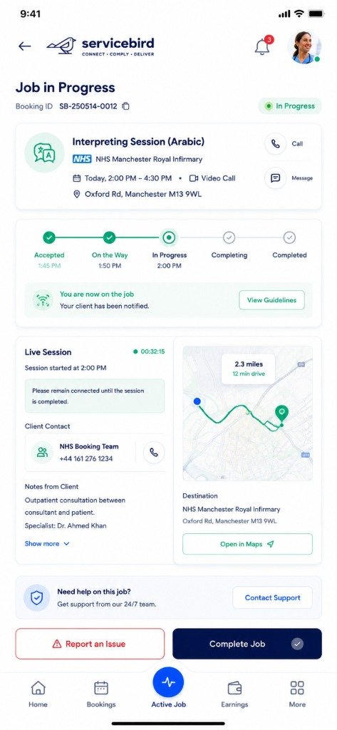 Servicebird Freelancer App - Live Job in Progress & Route Map